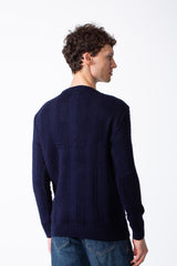بلوفر رجالي برقبة دائرية، قماش محاك بنمط عمودي من لوحات مضلعة وملمسة، Slim Fit