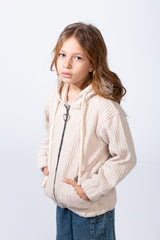 Girl's Textured Zip-Up Ribbed Patterns Split Kangaroo Front Pockets Tomato Store Slim Fit Sweatshirt