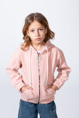 Girl's Textured Zip-Up Ribbed Patterns Split Kangaroo Front Pockets Tomato Store Slim Fit Sweatshirt