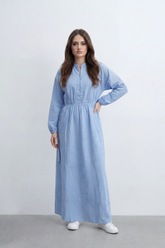 Women’s Tomato Store Nomad Stripe Maxi Dress Vertical Line Pattern Over Crinkled Surface Button Placket