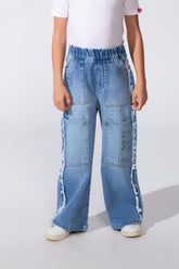Girl's Wide-Leg With Comfy Elastic Waistband Detailed With Pockets Unique Frayed-Edge On Sides Casual Denim Jeans