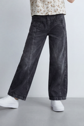 Girl's Tomato Store Wide Leg Denim Pants Drawcord Waist Cropped Length Utility Pocket Detail Washed Finish
