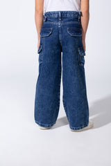 Girl's Cargo acid-wash Denim Design Multi Stitch Elasticated Waistband Paired With Four Functional Cargo Pockets Flap Details Sleek Modern Fit Pants