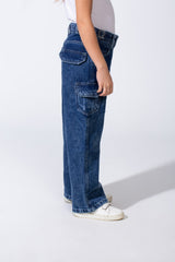 Girl's Cargo acid-wash Denim Design Multi Stitch Elasticated Waistband Paired With Four Functional Cargo Pockets Flap Details Sleek Modern Fit Pants
