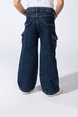 Girl's Cargo acid-wash Denim Design Multi Stitch Elasticated Waistband Paired With Four Functional Cargo Pockets Flap Details Sleek Modern Fit Pants