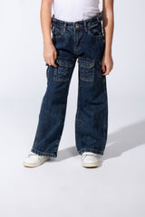 Girl's Cargo acid-wash Denim Design Multi Stitch Elasticated Waistband Paired With Four Functional Cargo Pockets Flap Details Sleek Modern Fit Pants