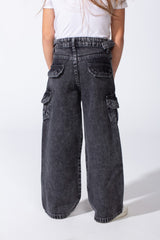 Girl's Cargo acid-wash Denim Design Multi Stitch Elasticated Waistband Paired With Four Functional Cargo Pockets Flap Details Sleek Modern Fit Pants