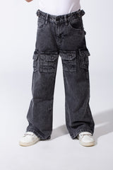 Girl's Cargo acid-wash Denim Design Multi Stitch Elasticated Waistband Paired With Four Functional Cargo Pockets Flap Details Sleek Modern Fit Pants