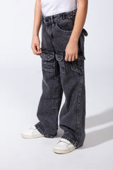 Girl's Cargo acid-wash Denim Design Multi Stitch Elasticated Waistband Paired With Four Functional Cargo Pockets Flap Details Sleek Modern Fit Pants