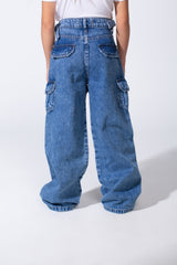 Girl's Cargo acid-wash Denim Design Multi Stitch Elasticated Waistband Paired With Four Functional Cargo Pockets Flap Details Sleek Modern Fit Pants
