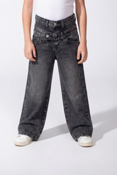 Girl’s Double Waistband Acid Wash Denim Dual Button Fastening Wide Leg Jeans Pants