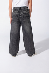 Girl’s Double Waistband Acid Wash Denim Dual Button Fastening Wide Leg Jeans Pants