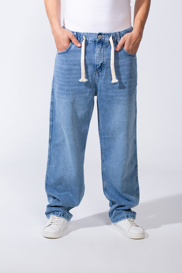 Men's Classic Jeans With Elasticated Waistband Drawstrings For Custom Comfy Fit Wide Leg Pants
