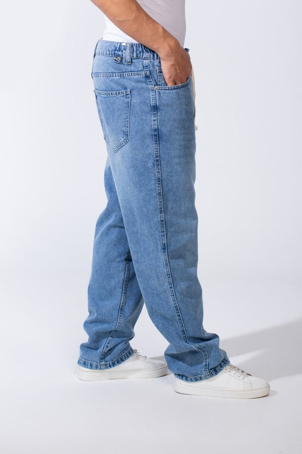 Men's Classic Jeans With Elasticated Waistband Drawstrings For Custom Comfy Fit Wide Leg Pants