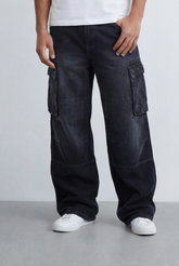 Men's Side Cargo Pockets Vintage-Inspired Acid Wash Baggy Cargo Jeans Pants
