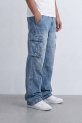 Men's Side Cargo Pockets Vintage-Inspired Acid Wash Baggy Cargo Jeans Pants