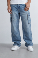Men's Side Cargo Pockets Vintage-Inspired Acid Wash Baggy Cargo Jeans Pants