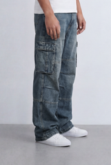 Men's Side Cargo Pockets Vintage-Inspired Acid Wash Baggy Cargo Jeans Pants