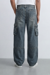 Men's Side Cargo Pockets Vintage-Inspired Acid Wash Baggy Cargo Jeans Pants