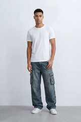Men's Side Cargo Pockets Vintage-Inspired Acid Wash Baggy Cargo Jeans Pants
