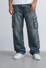 Men's Side Cargo Pockets Vintage-Inspired Acid Wash Baggy Cargo Jeans Pants