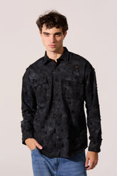 Men's Tomato Store Distressed Washed Woven Shirt Raw Texture Effect Dual Chest Pockets