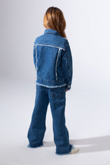 Girl's Two-Piece Denim Set With Unique Frayed White Trim Unfinish Look Classic Neck Button-Down Slim Fit Modern Outfit