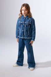Girl's Two-Piece Denim Set With Unique Frayed White Trim Unfinish Look Classic Neck Button-Down Slim Fit Modern Outfit