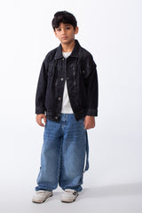 Boy’s Classic Button-Up Jeans Denim Boxy Fit Jacket With Front Flap Pockets And Metal Buttons Elastic Hem