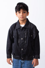 Boy’s Classic Button-Up Jeans Denim Boxy Fit Jacket With Front Flap Pockets And Metal Buttons Elastic Hem