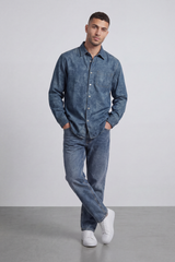 Men’s Tomato Store Dust Wash Button Shirt Cloudy Stone Wash Texture Across Body Metal Snap Front Chest Pocket Detail Regular Fit