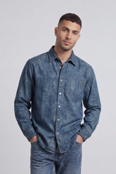 Men’s Tomato Store Dust Wash Button Shirt Cloudy Stone Wash Texture Across Body Metal Snap Front Chest Pocket Detail Regular Fit