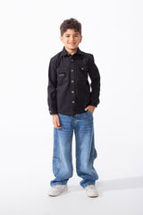 Boy's Button-Down Design Classic Collar Double Chest Pockets Textured Patterned Fabric Patch Print Versatile Warmth Slim Fit Shirt