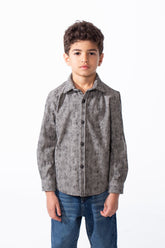 Boy's Striking All Over Jakar Wash Print Tailored Sleeves Detailed Buttoned Cuffs Velvet Slim Fit Shirt