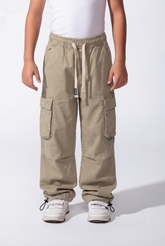 Boy's Wide-Leg Design Elastic Waist Side Cargo Pockets Hams Bungee Cords Versatile Urban Style Cargo Pants
