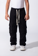 Boy's Wide-Leg Design Elastic Waist Side Cargo Pockets Hams Bungee Cords Versatile Urban Style Cargo Pants