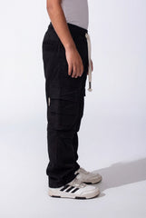 Boy's Wide-Leg Design Elastic Waist Side Cargo Pockets Hams Bungee Cords Versatile Urban Style Cargo Pants