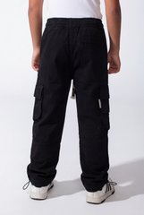 Boy's Wide-Leg Design Elastic Waist Side Cargo Pockets Hams Bungee Cords Versatile Urban Style Cargo Pants