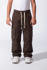 Boy's Wide-Leg Design Elastic Waist Side Cargo Pockets Hams Bungee Cords Versatile Urban Style Cargo Pants