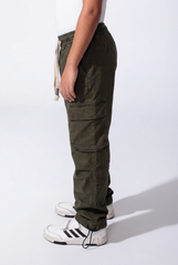 Boy's Wide-Leg Design Elastic Waist Side Cargo Pockets Hams Bungee Cords Versatile Urban Style Cargo Pants