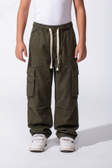 Boy's Wide-Leg Design Elastic Waist Side Cargo Pockets Hams Bungee Cords Versatile Urban Style Cargo Pants