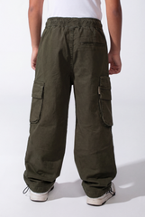 Boy's Wide-Leg Design Elastic Waist Side Cargo Pockets Hams Bungee Cords Versatile Urban Style Cargo Pants