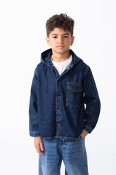 Boy's Long Sleeve Snap-Buttons With Side Flab Pocket Designed Hooded Denim Box Fit Jacket