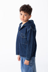 Boy's Long Sleeve Snap-Buttons With Side Flab Pocket Designed Hooded Denim Box Fit Jacket