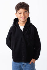 Boy's Long Sleeve Snap-Buttons With Side Flab Pocket Designed Hooded Denim Box Fit Jacket