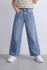 Girl's Tomato Store Wide Leg Denim High Rise Fit Classic Five Pocket Design Button Closure Belt Loops