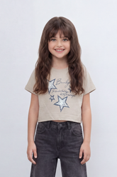 Girl's Tomato Store Bright Star Cropped T-Shirt Front Brush Star Graphic Mixed With Handwritten Script Quote Plain Slim Fit