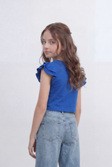 Girls Tomato Store Graphic Crop Top With Ruffle Sleeves Floral Front Print T-Shirt