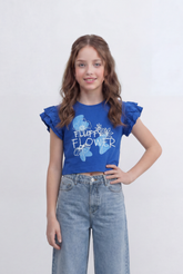 Girls Tomato Store Graphic Crop Top With Ruffle Sleeves Floral Front Print T-Shirt