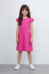 Girl's Tomato Store Sweet Bloom Dress Regular Fit Tonal Chest Script Detail Clean Plain Surface Gathered Waistline Ruffle Shoulder Trim